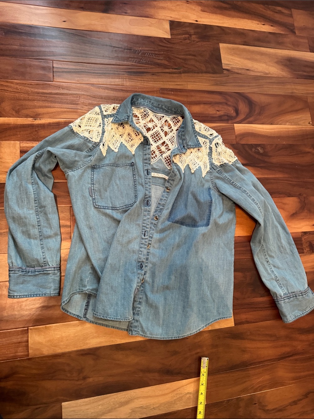 We The Free Light Blue Denim Button-Down with Cream Lace Yoke